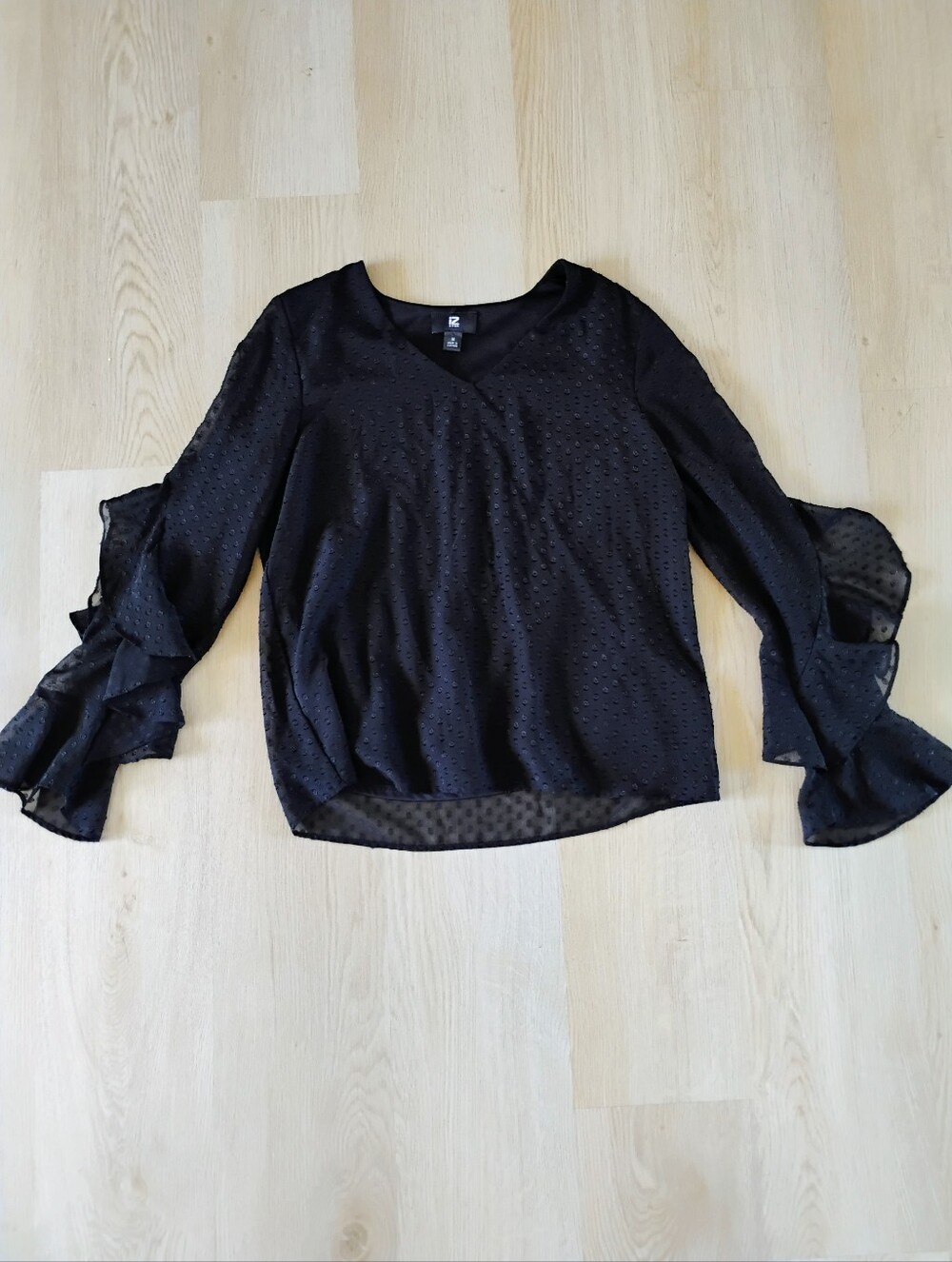 Iz Byer Black Sheer Dot Ruffle Sleeve Blouse